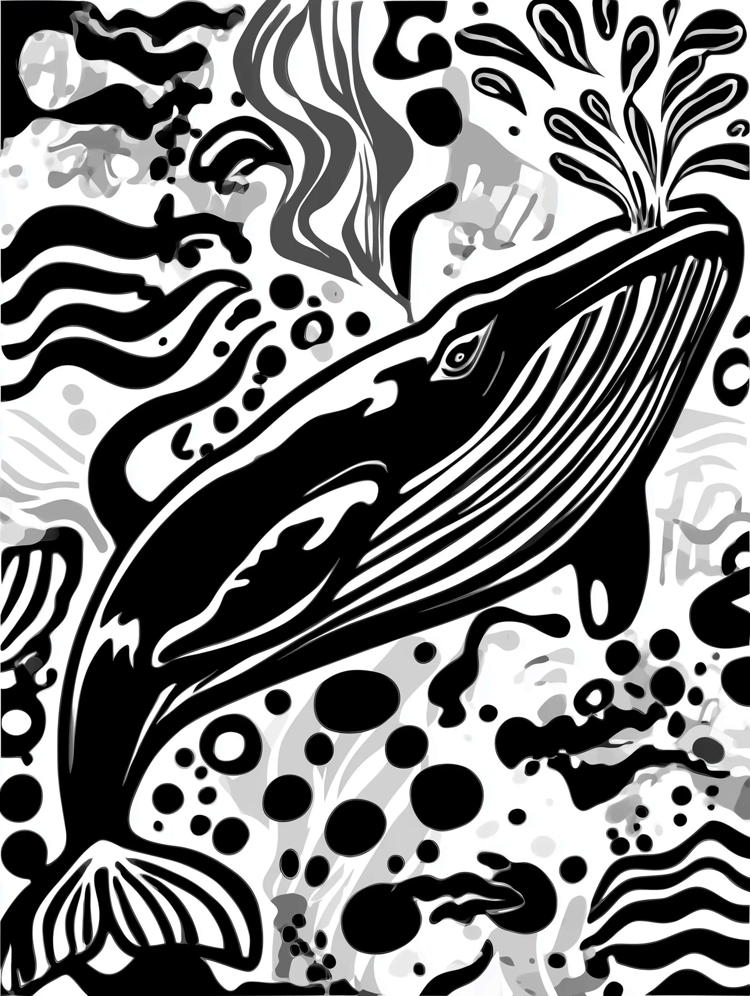 Free printable underwater coloring page for adults featuring a whale spitting water underwater